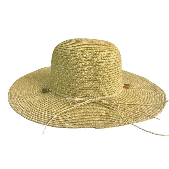 Strand Headwear Womens Summer Sun Hat Floppy Woven Straw Gold Thread Beaded Band - Picture 6 of 8